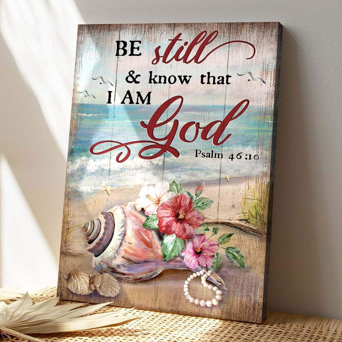 Water Snail Shell And Hibiscus Be Still And Know That I Am God Bible Verse Scripture Canvas Print