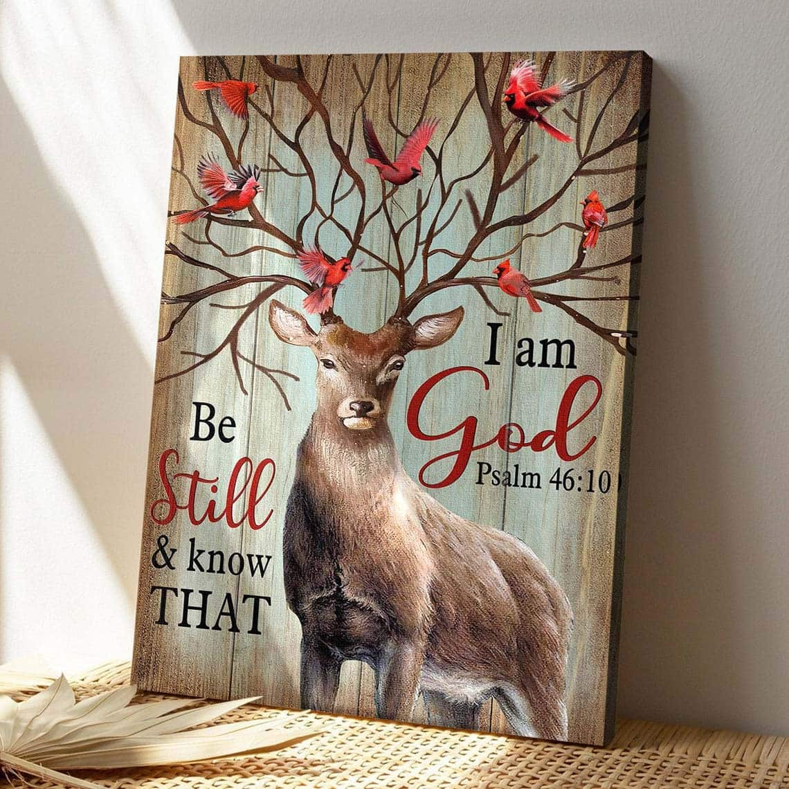 Deer With Cardinal Be Still And Know That I Am God Bible Verse Scripture Canvas Print