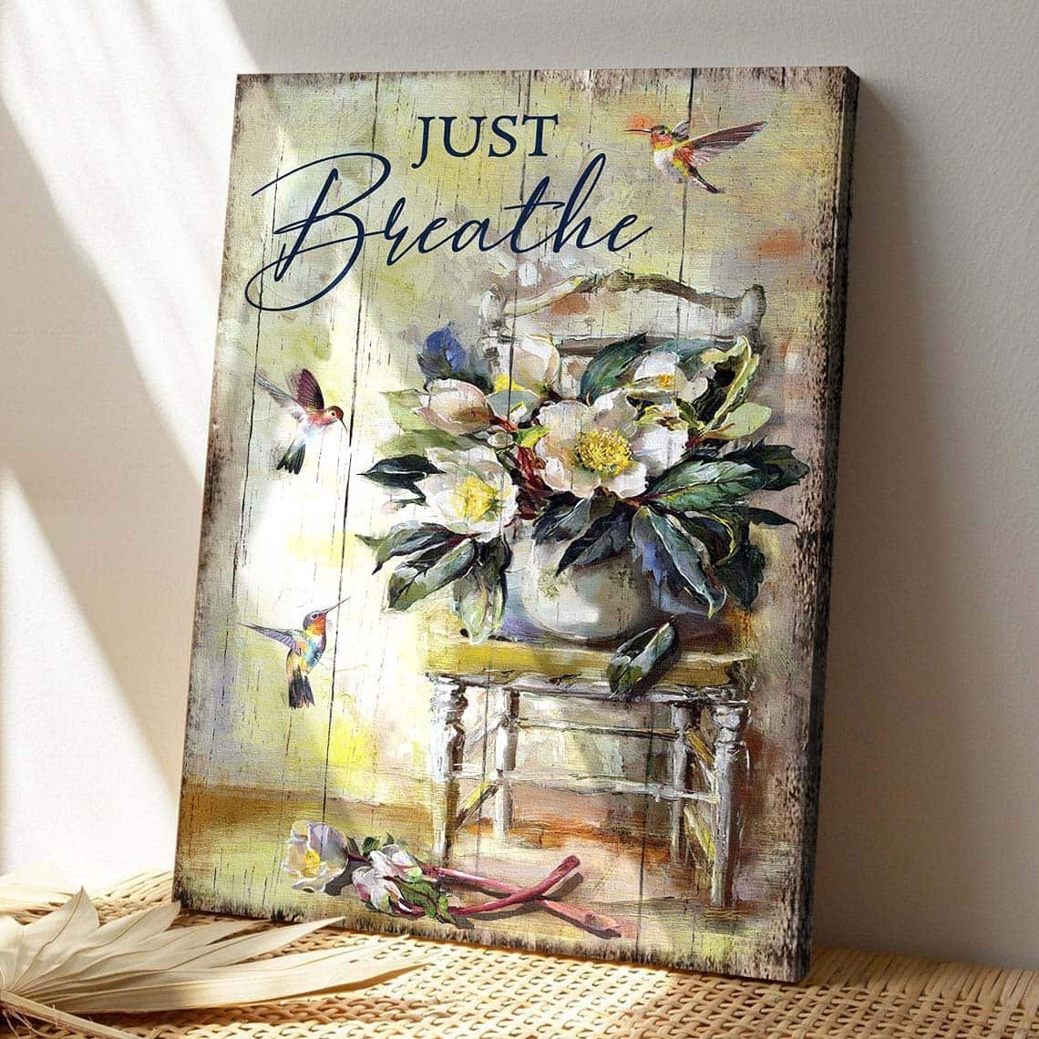 Flower Vase With Hummingbird Just Breathe Bible Verse Scripture Canvas Print