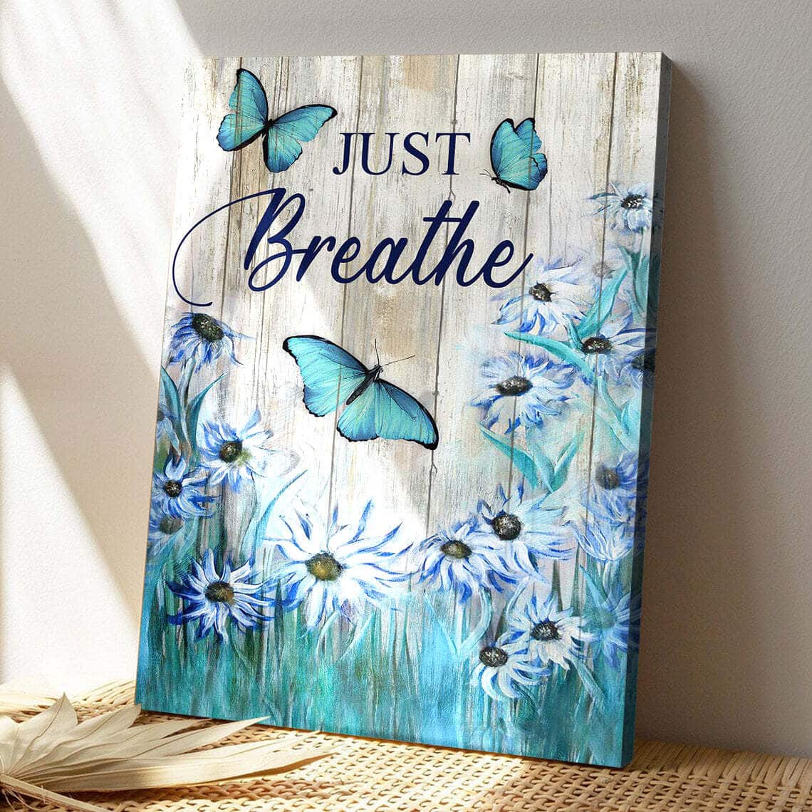 Green Butterfly With Flower Just Breathe Bible Verse Scripture Canvas Print Green Butterfly With Flower Just Breathe Bible Verse Scripture Canvas Print