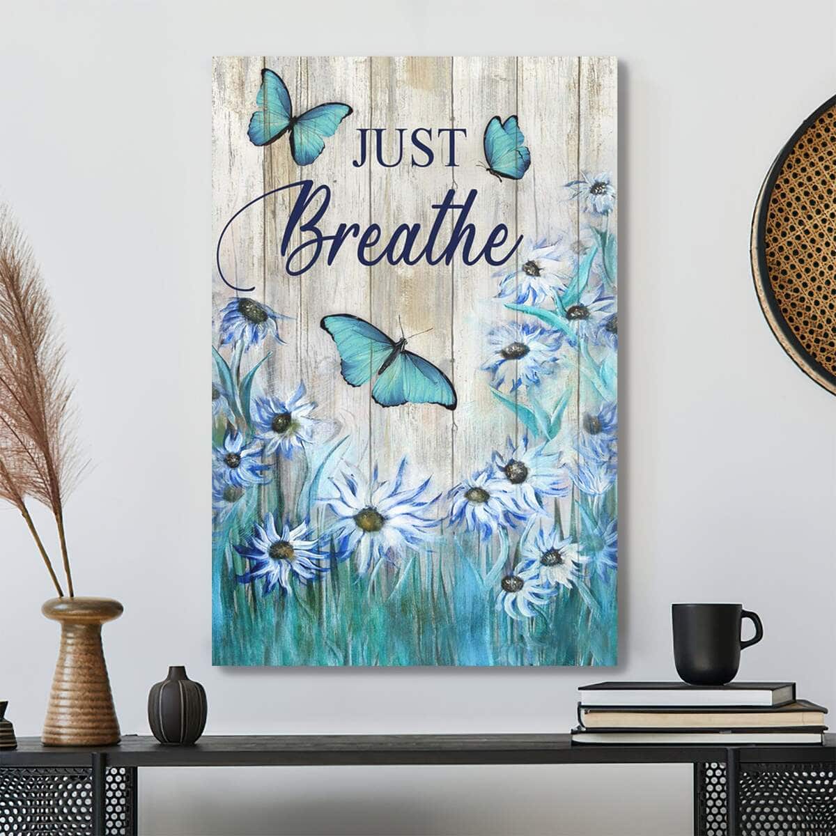 Green Butterfly With Flower Just Breathe Bible Verse Scripture Canvas Print Green Butterfly With Flower Just Breathe Bible Verse Scripture Canvas Print