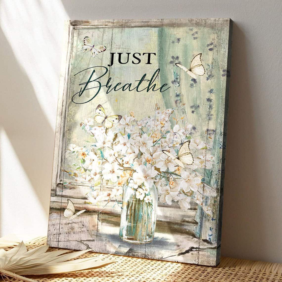 Christian Beautiful White Flower And Butterfly Just Breathe Bible Verse Canvas Print Christian Beautiful White Flower And Butterfly Just Breathe Bible Verse Canvas Print