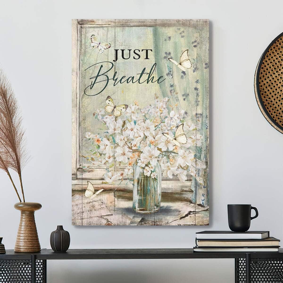Christian Beautiful White Flower And Butterfly Just Breathe Bible Verse Canvas Print Christian Beautiful White Flower And Butterfly Just Breathe Bible Verse Canvas Print