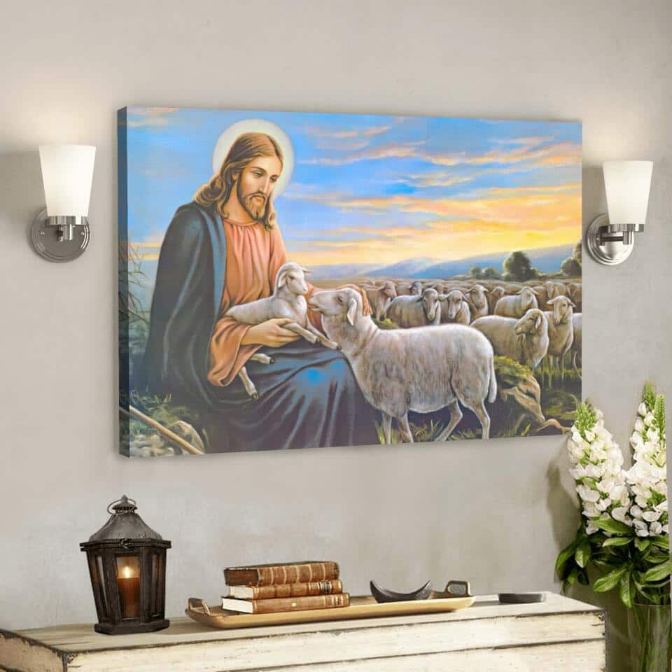 God With Lambs Jesus Christian Gift Jesus Bible Verse Scripture Canvas Wall Art