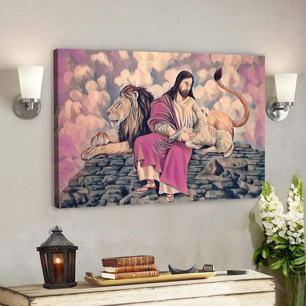 Lion With Jesus God Christian Gift Jesus Scripture Canvas Wall Art