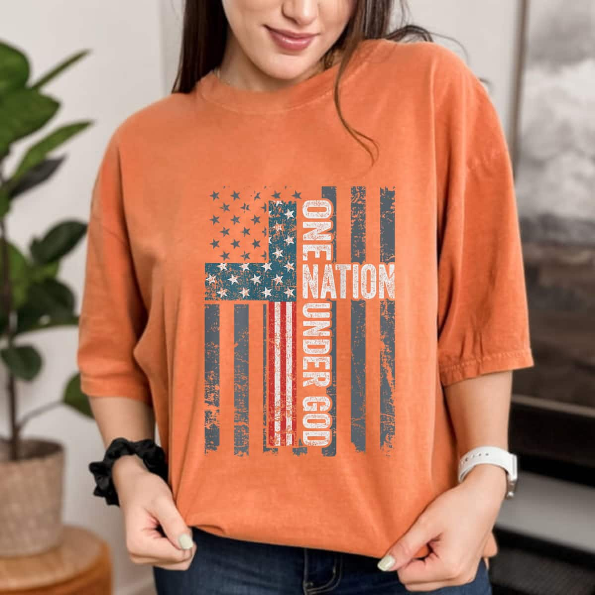 One Nation Under God USA Cross Flag Christian 4th Of July T-Shirt