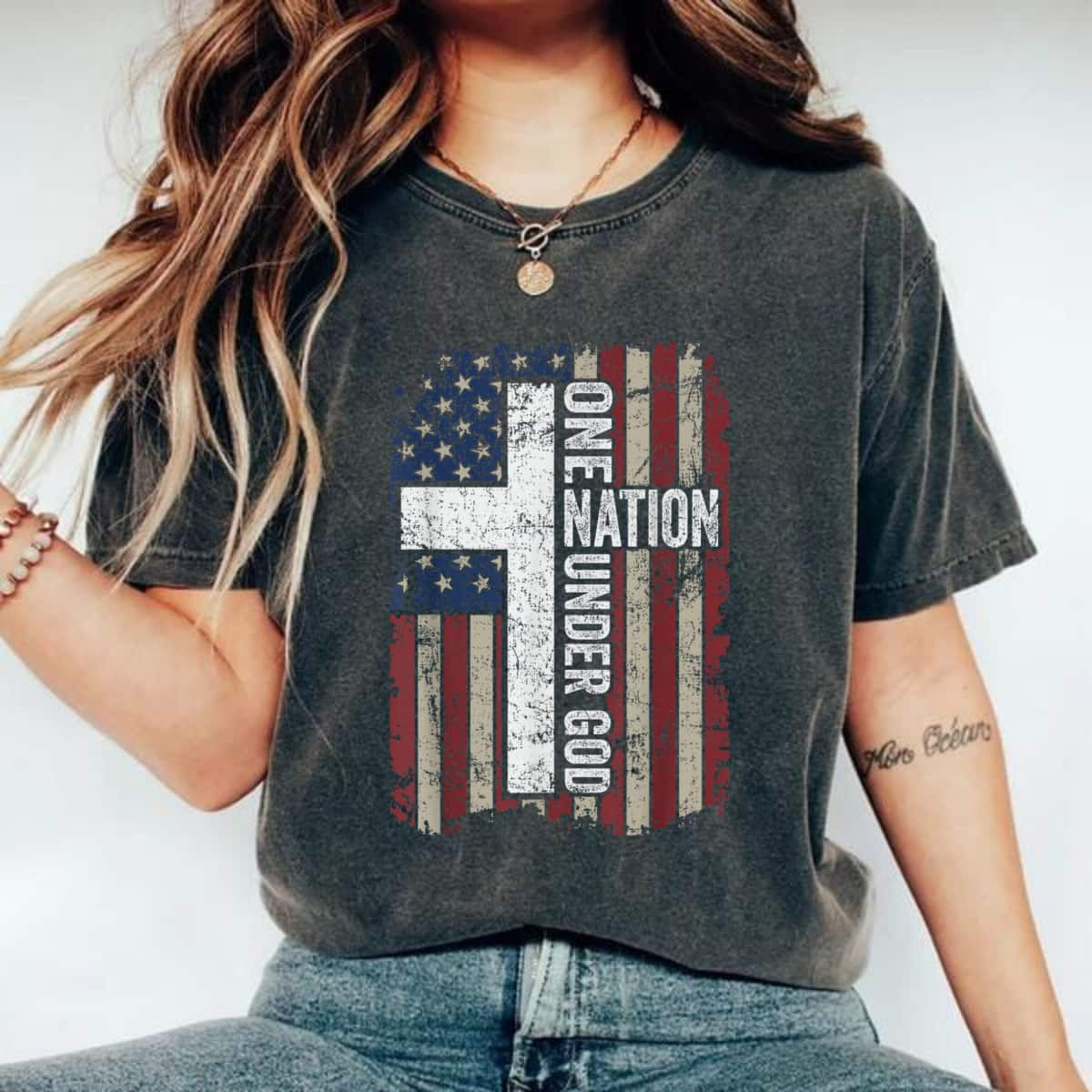 One Nation Under God Christian Worship USA Cross Flag T-Shirt