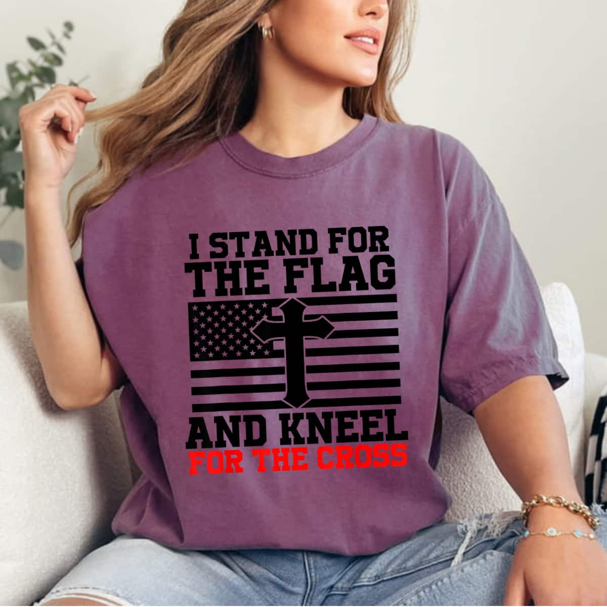 I Stand For The Flag And Kneel For The Cross Flag Religious 4th Of July T-Shirt