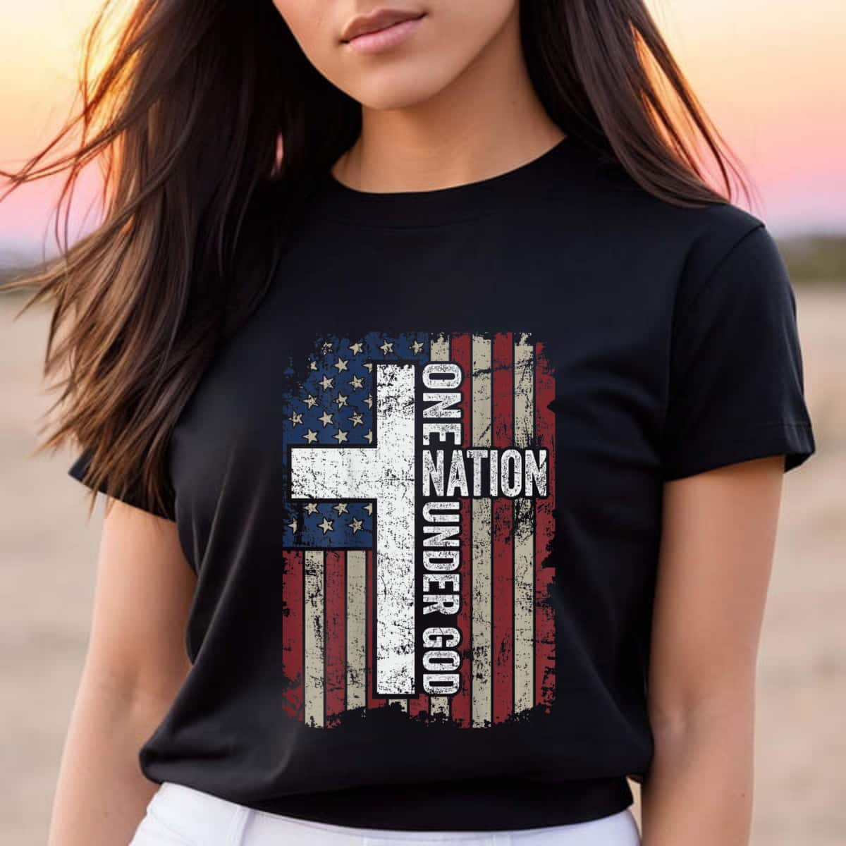 One Nation Under God Christian Worship USA Flag 4th Of July T-Shirt