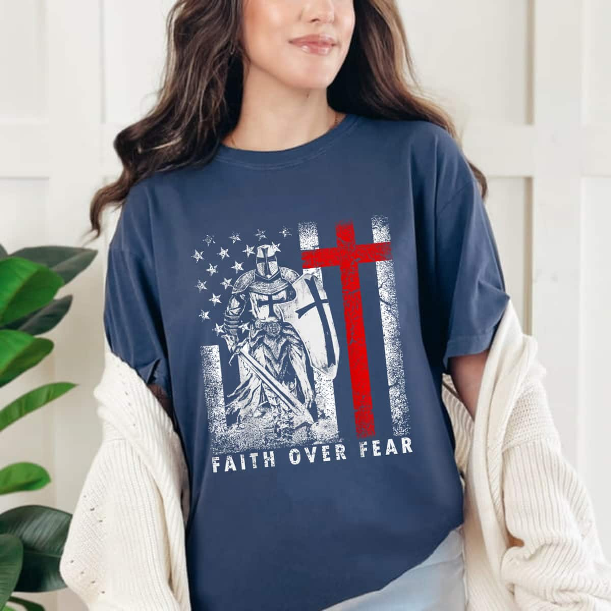 Faith Over Fear Knight Templar American Flag Christian Cross T-Shirt