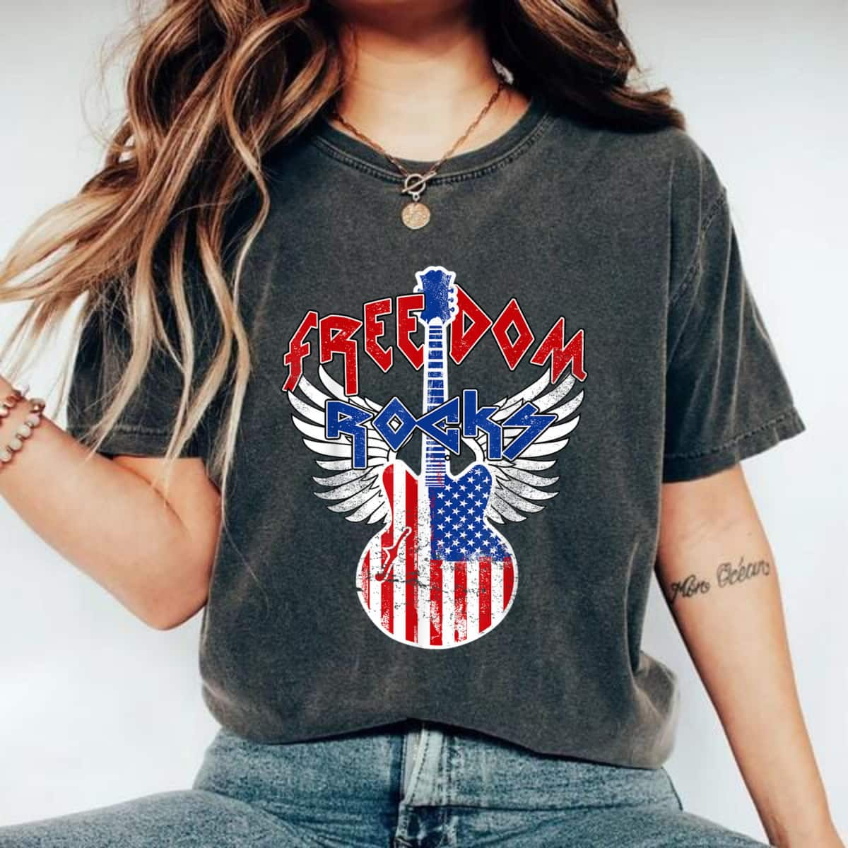 Freedom Rocks 4th Of July Patriotic USA Flag Rock Guitar T-Shirt