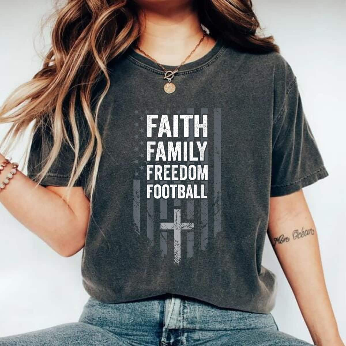 Faith Family Freedom Football USA Cross Flag 4th Of July T-Shirt