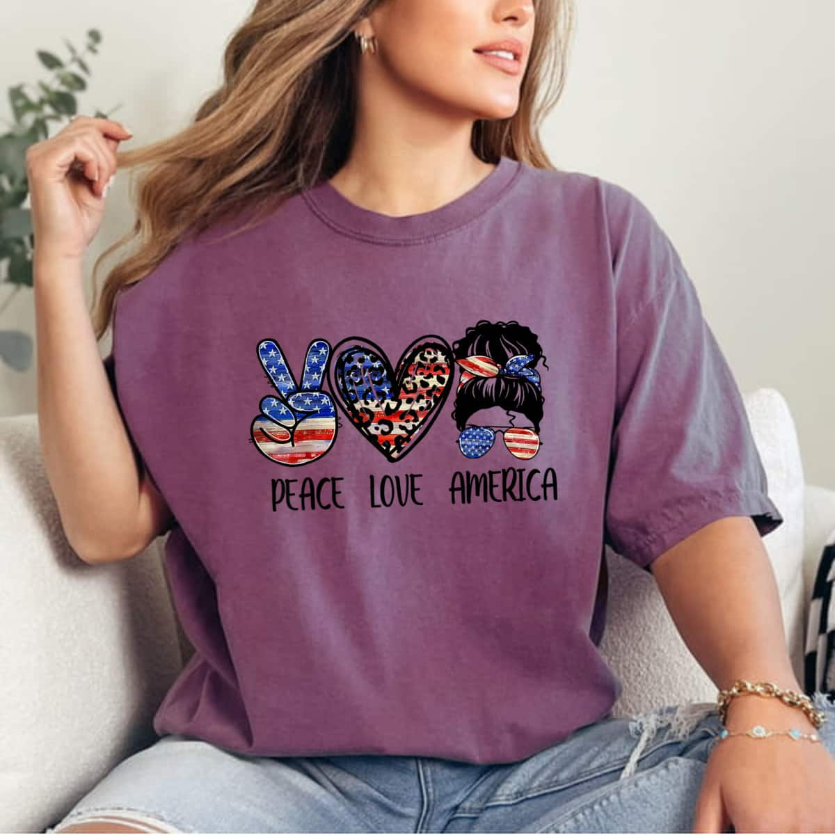 Peace Love America Messy Bun American Flag 4th Of July T-Shirt