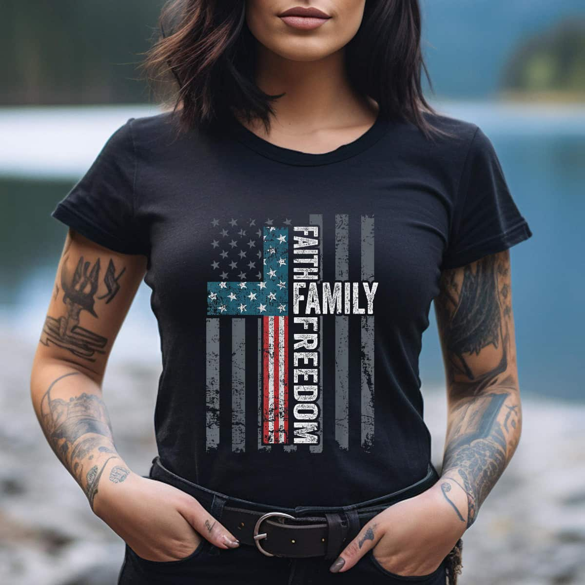 Faith Family Freedom Patriotic Christian Cross USA Flag (remove) T-Shirt