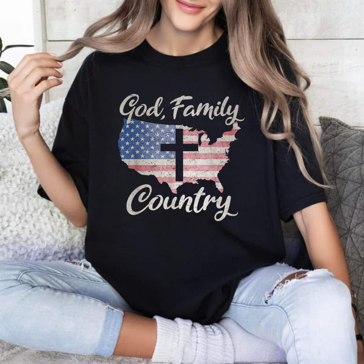 God Family Country Christian Cross Vintage Usa American Flag 4th Of July T-Shirt Gift