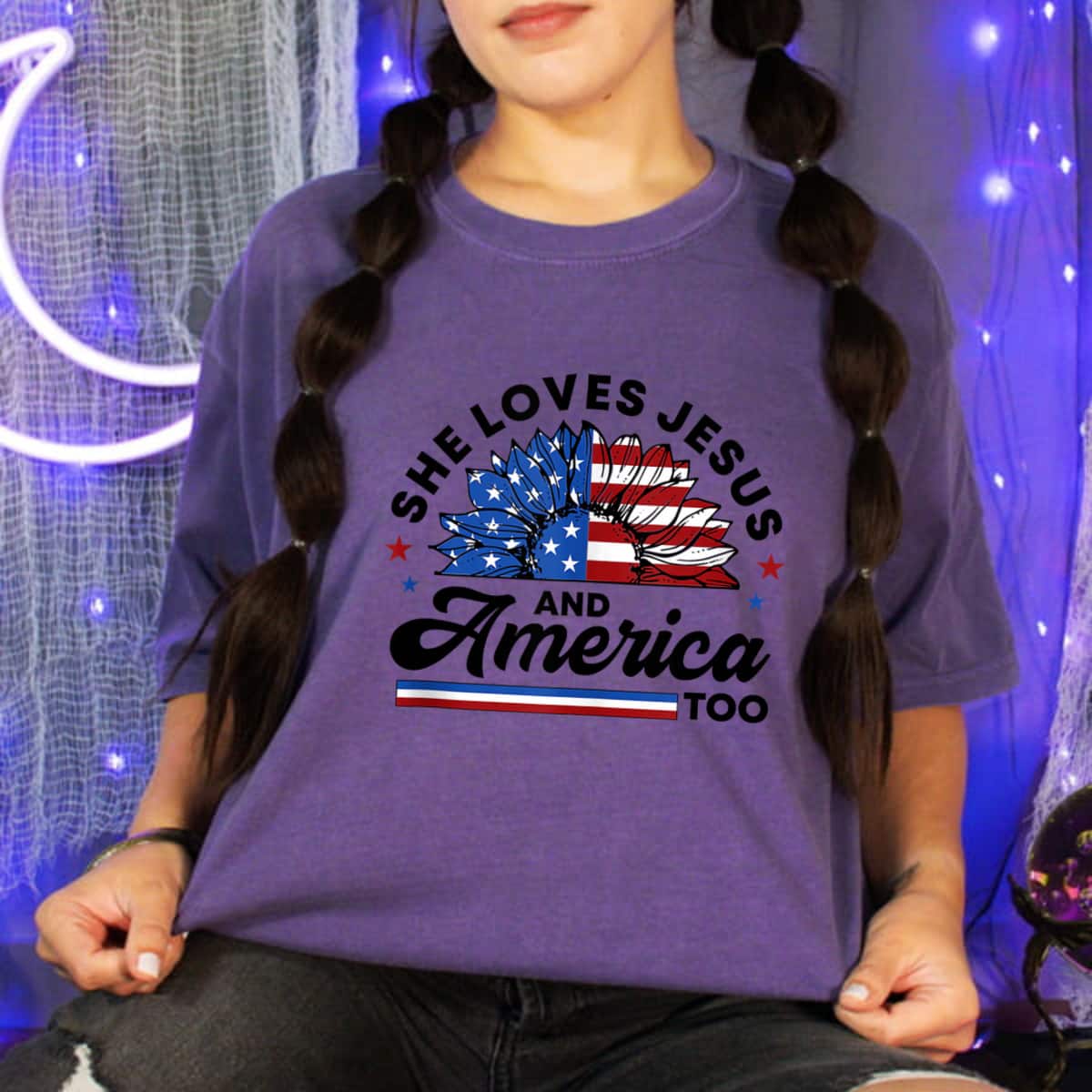 She Loves Jesus And America Too Christian US Flag Sunflower 4th Of July T-Shirt She Loves Jesus And America Too Christian US Flag Sunflower 4th Of July T-Shirt