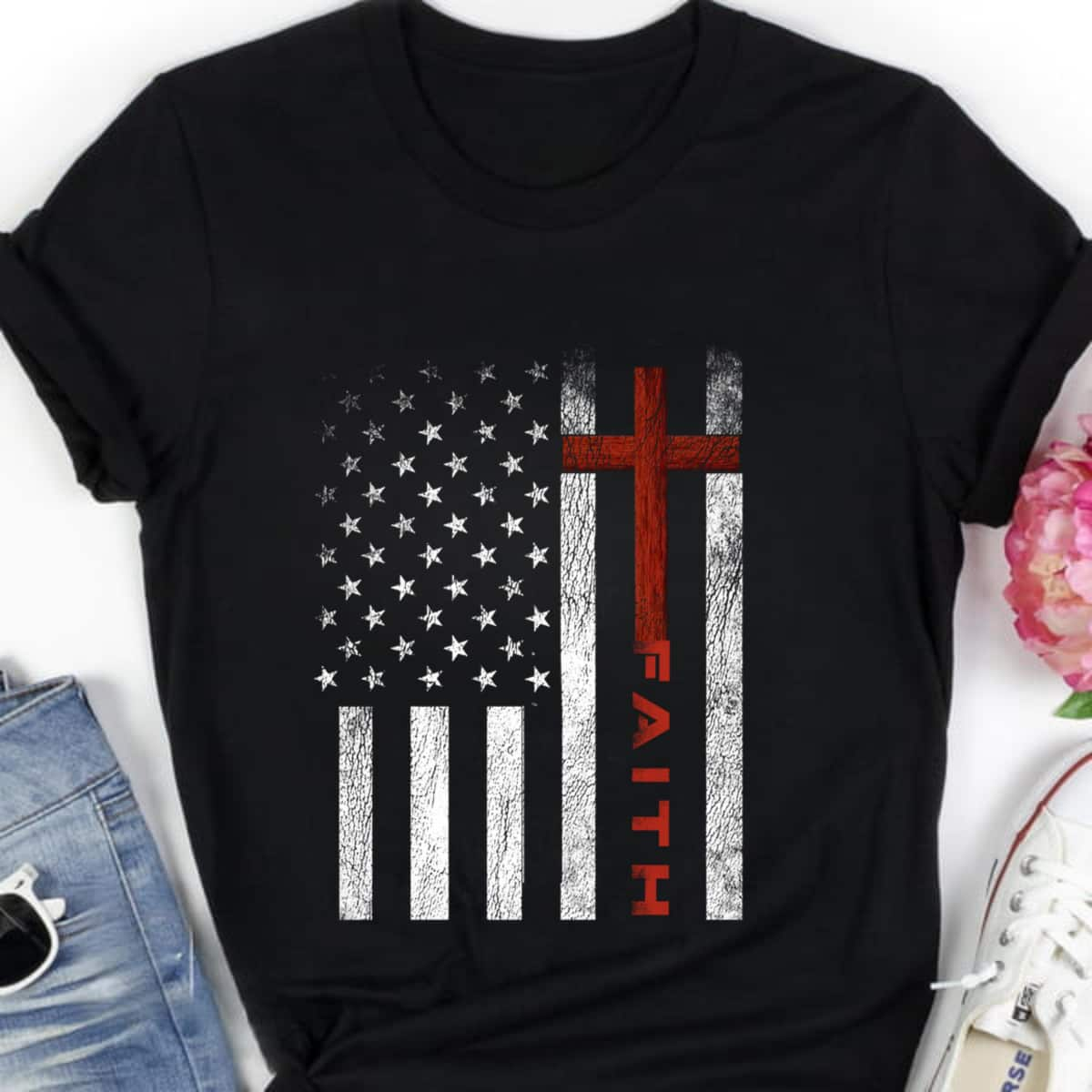 Patriotic Christian Faith Love Jesus American Flag Cross July 4th T-Shirt