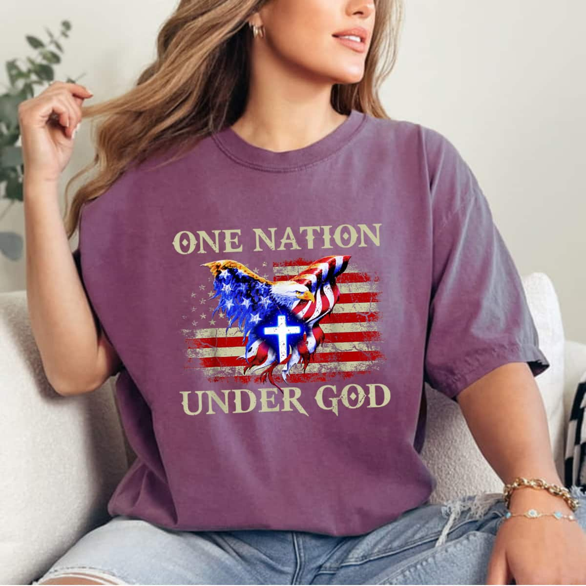 One Nation Under God Patriotic USA Flag Eagle Christian July 4th T-Shirt