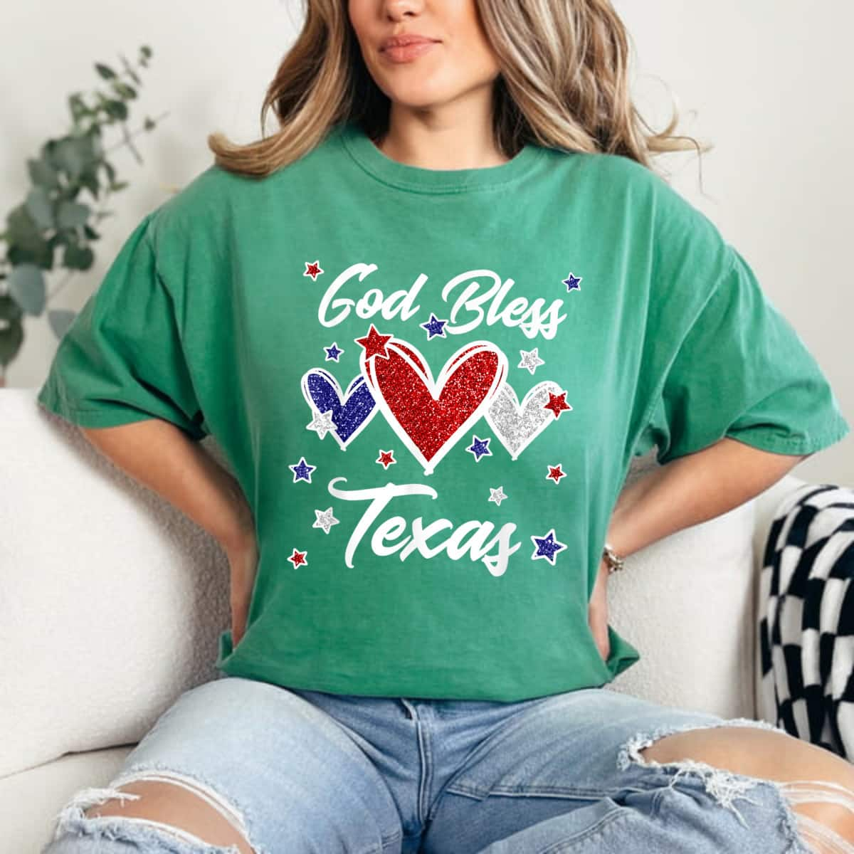 Patriotic American Flag Hearts For Girls God Bless Texas 4th Of July T-Shirt