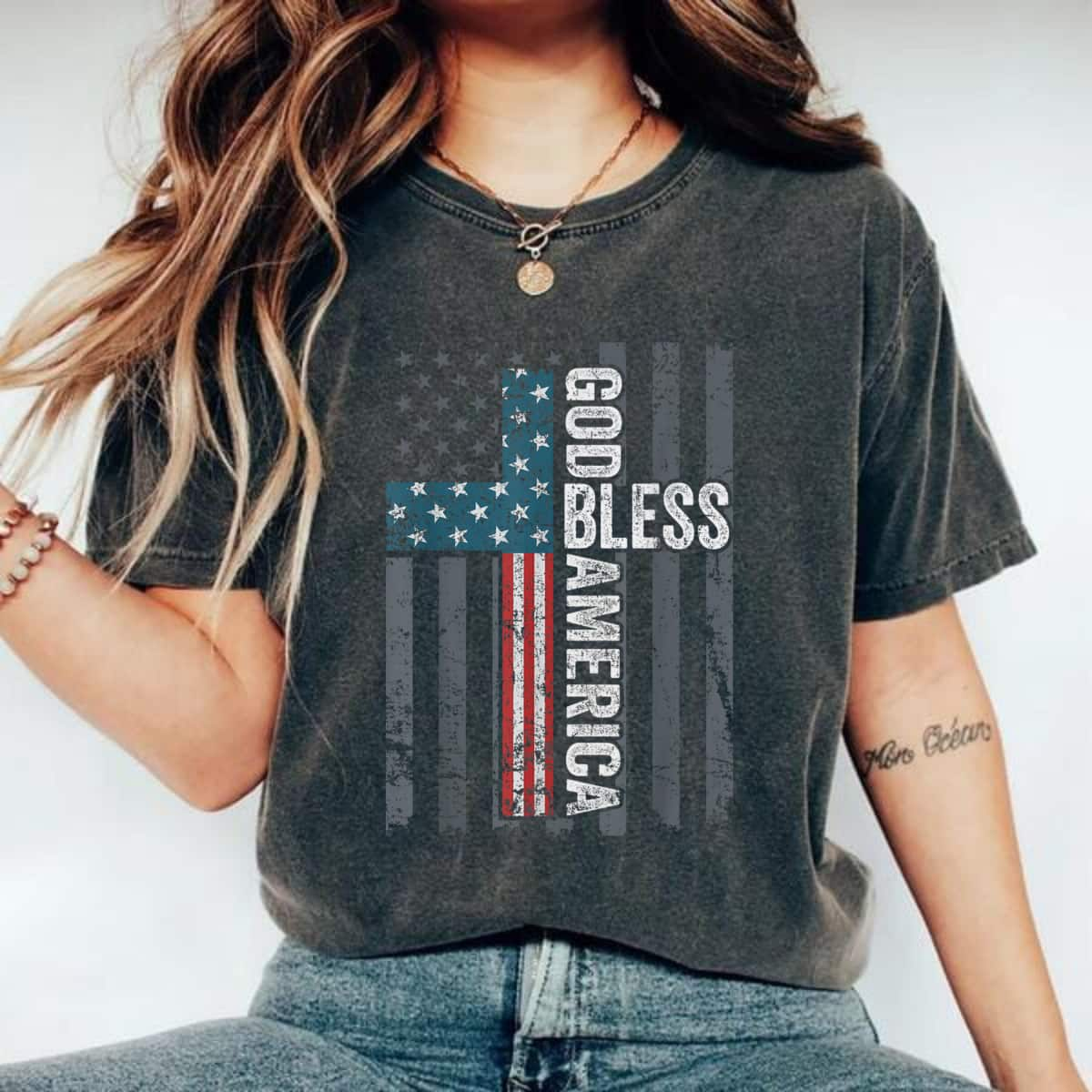 God Bless America Patriotic Christian Cross USA Flag 4th Of July T-Shirt