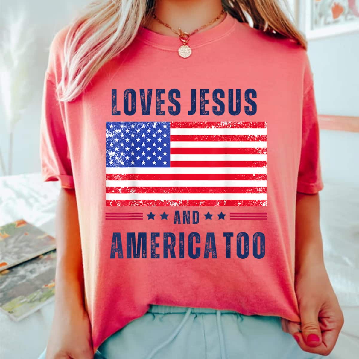 Loves Jesus And America Too 4th Of July Christian T-Shirt Loves Jesus And America Too 4th Of July Christian T-Shirt