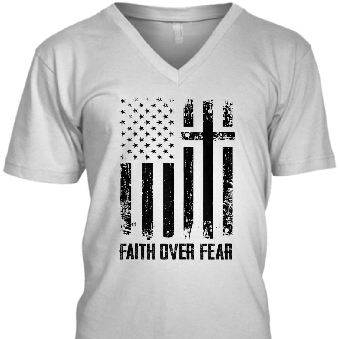 Faith Over Fears T-Shirt Christian Cross With American US Flag
