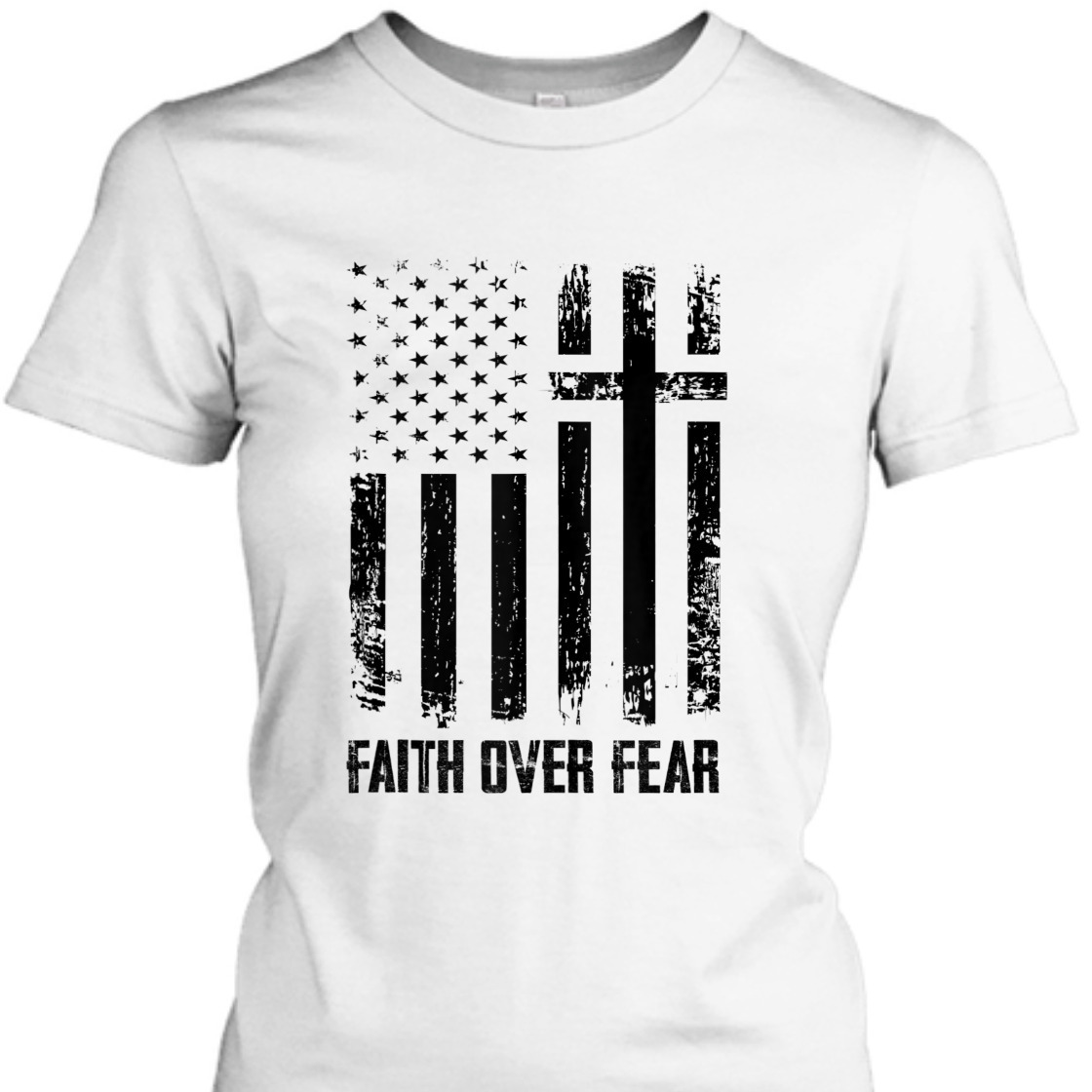 Faith Over Fears T-Shirt Christian Cross With American US Flag