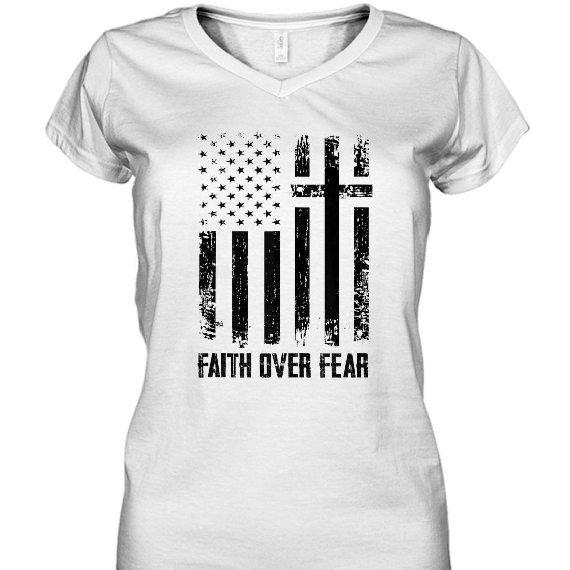 Faith Over Fears T-Shirt Christian Cross With American US Flag Faith Over Fears T-Shirt Christian Cross With American US Flag