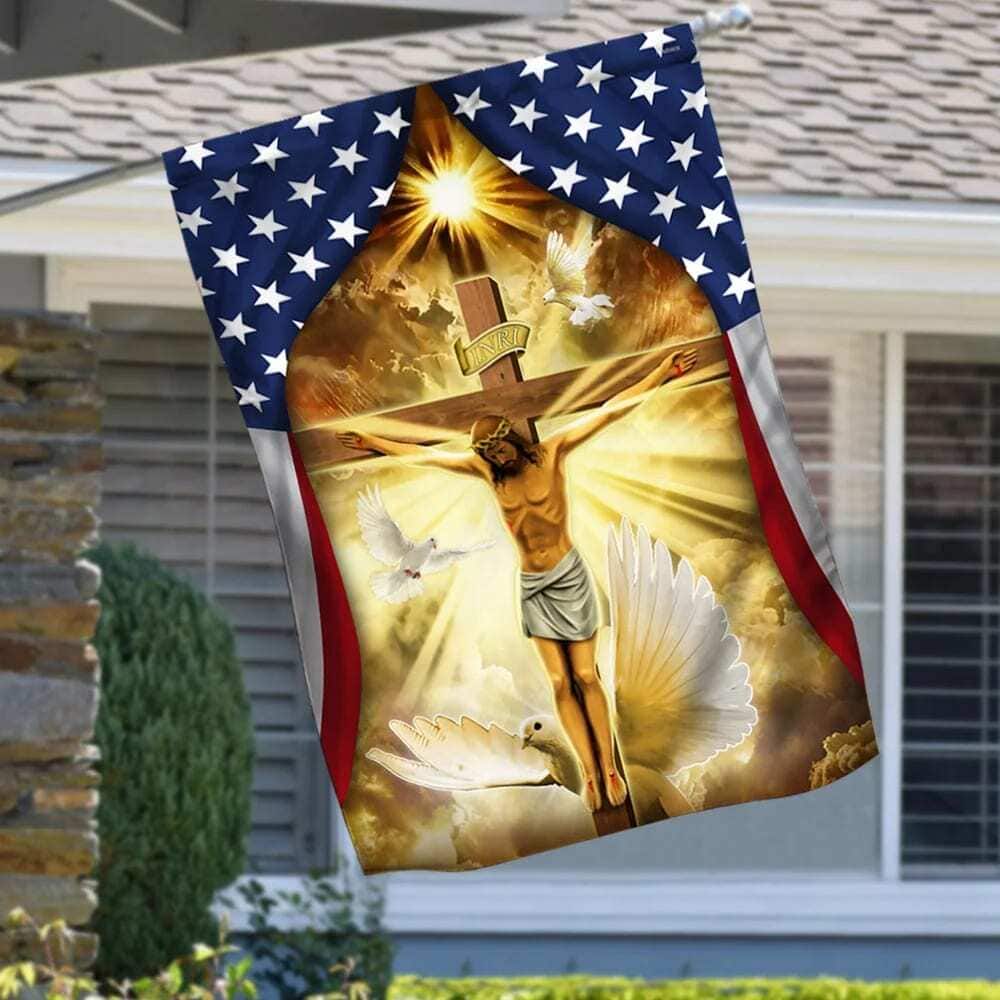 Jesus Christ Crucified On The Cross In American Christian Garden Flag Jesus Christ Crucified On The Cross In American Christian Garden Flag