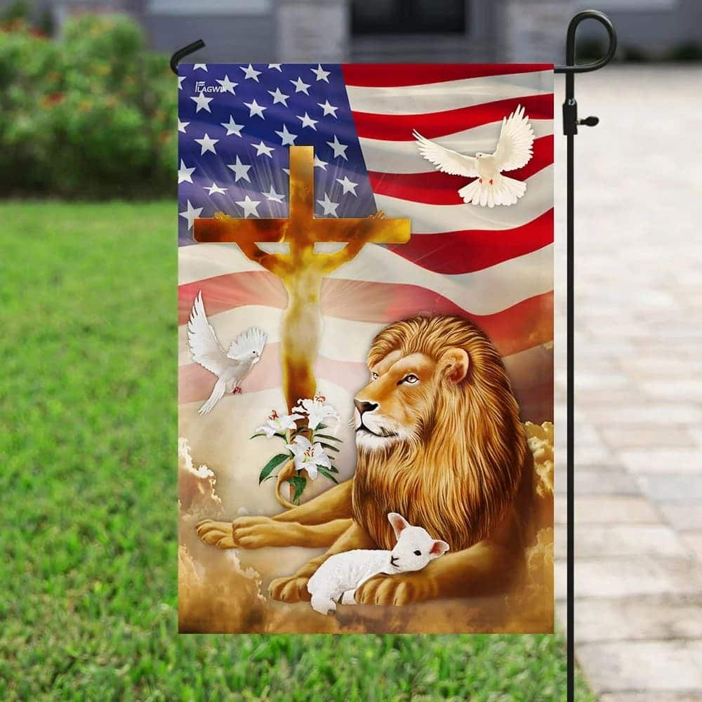 Jesus Christ Lion And Lamb Christian US Flag Garden Flag