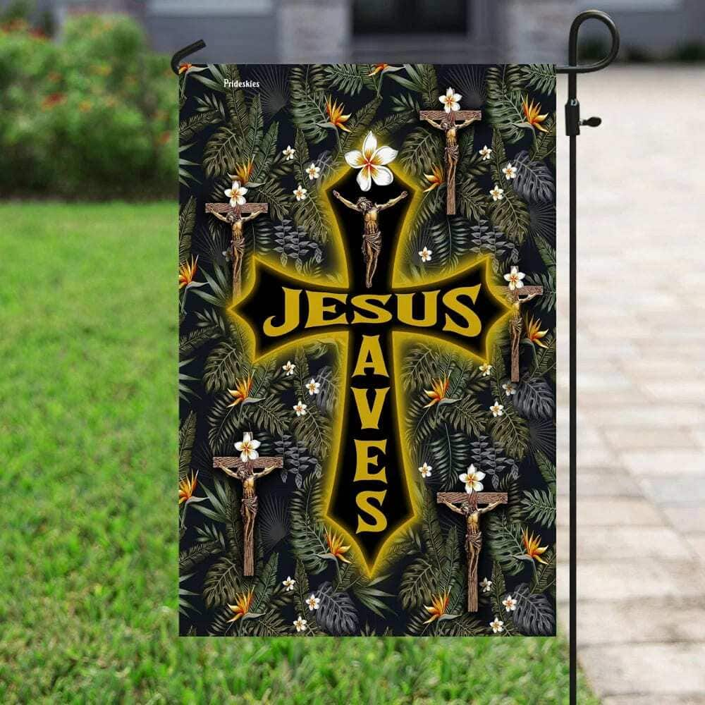 Jesus Saves Tropical Floral Pattern Christian Religious Garden Flag