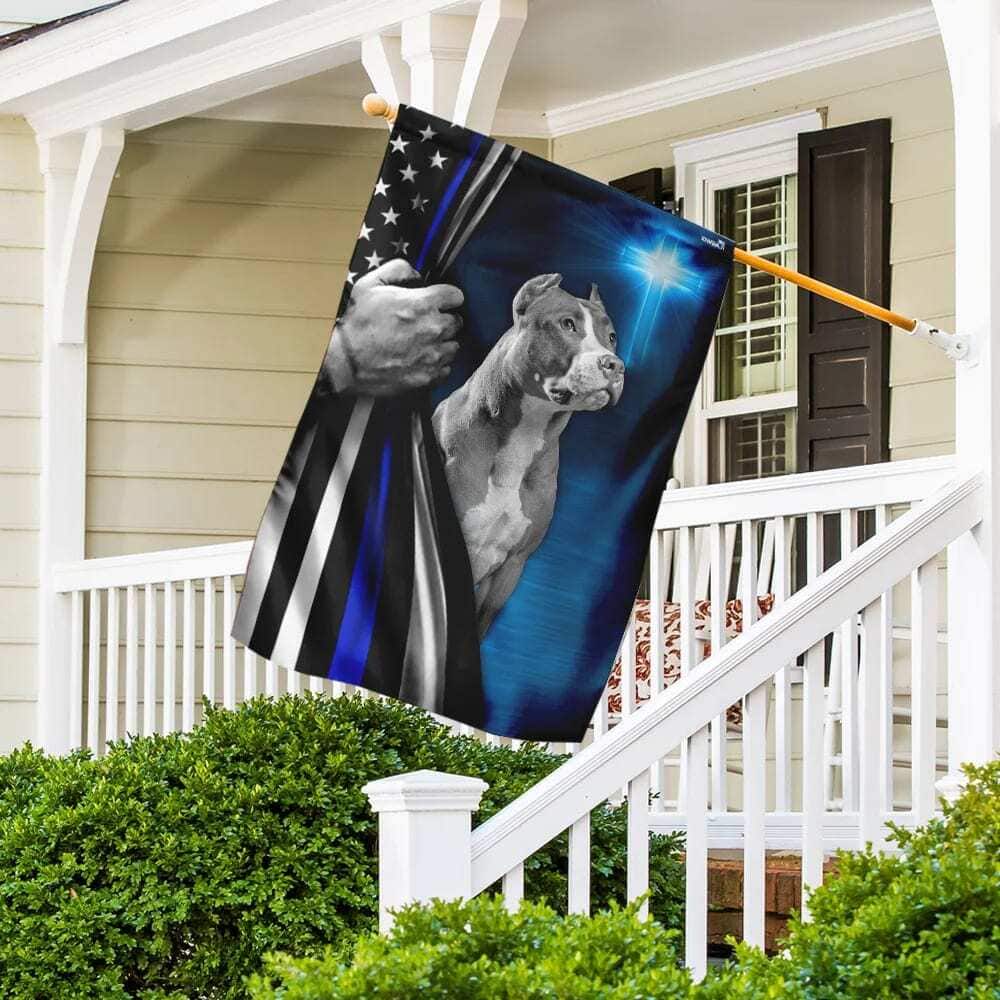 Pit Bull Dog Thin Blue Line Christian Cross Christian Religious Garden Flag Pit Bull Dog Thin Blue Line Christian Cross Christian Religious Garden Flag