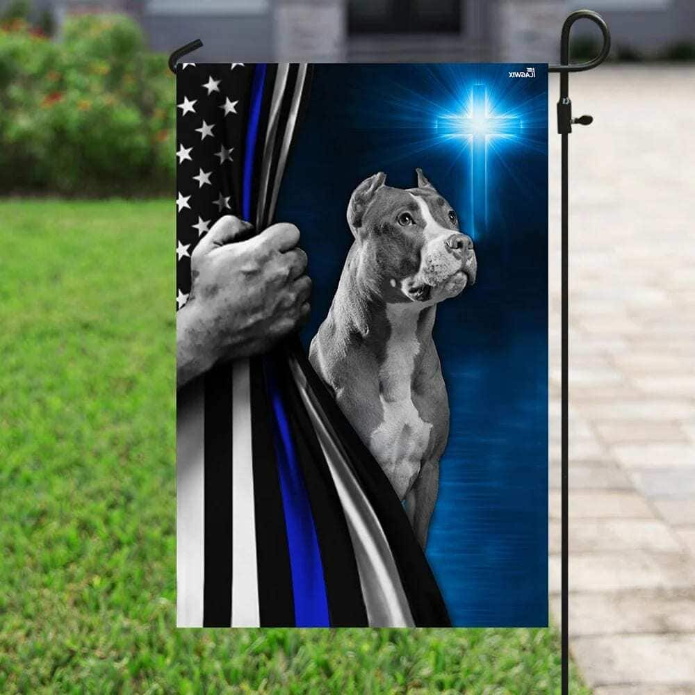 Pit Bull Dog Thin Blue Line Christian Cross Christian Religious Garden Flag