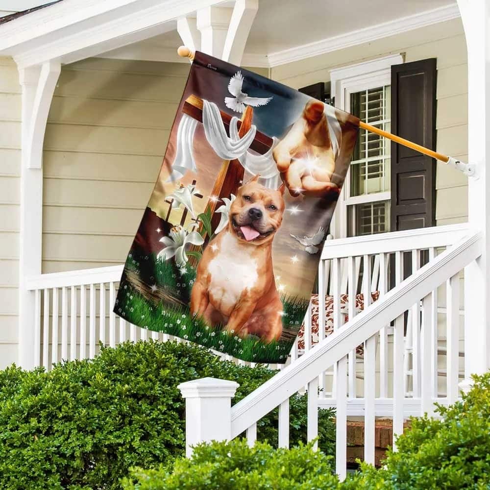 Jesus Hand The Lilies And Dog Pitbull Christian Religious Garden Flag Jesus Hand The Lilies And Dog Pitbull Christian Religious Garden Flag