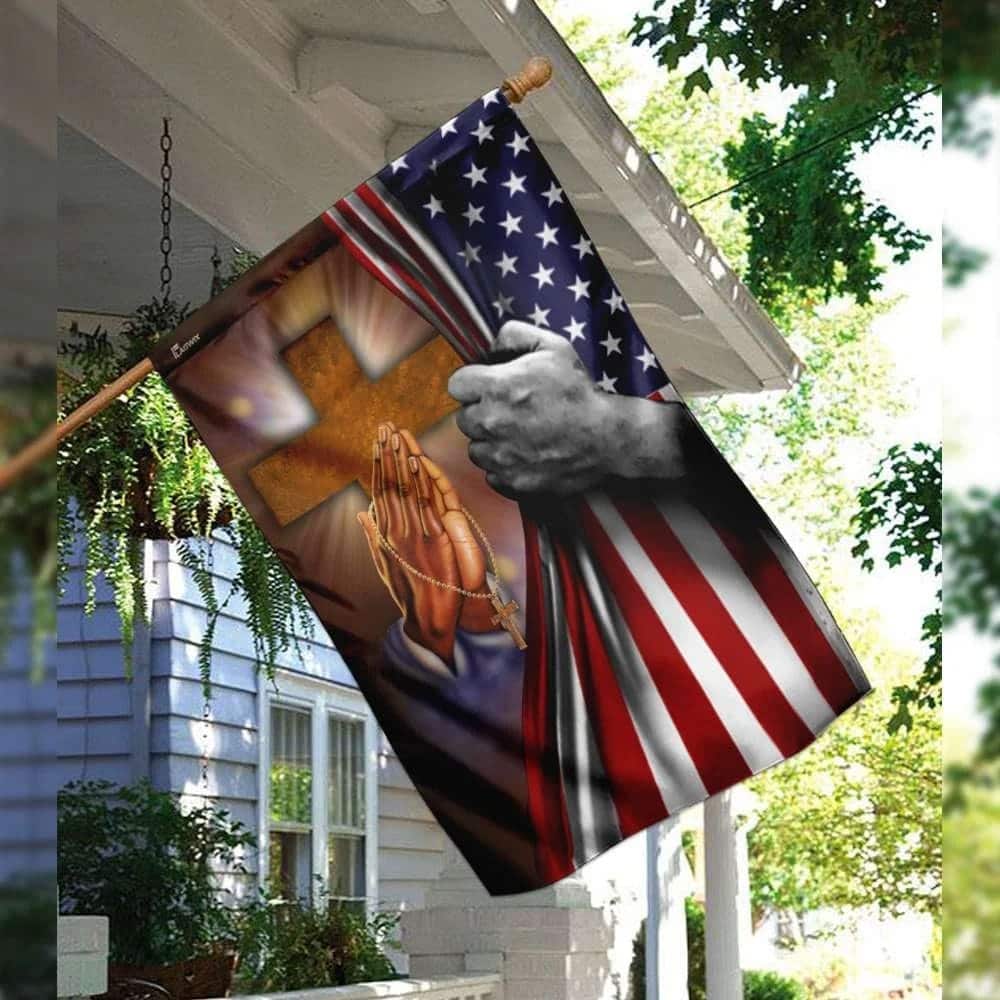 Jesus Hand Prayer Cross American US Christian Religious Garden Flag