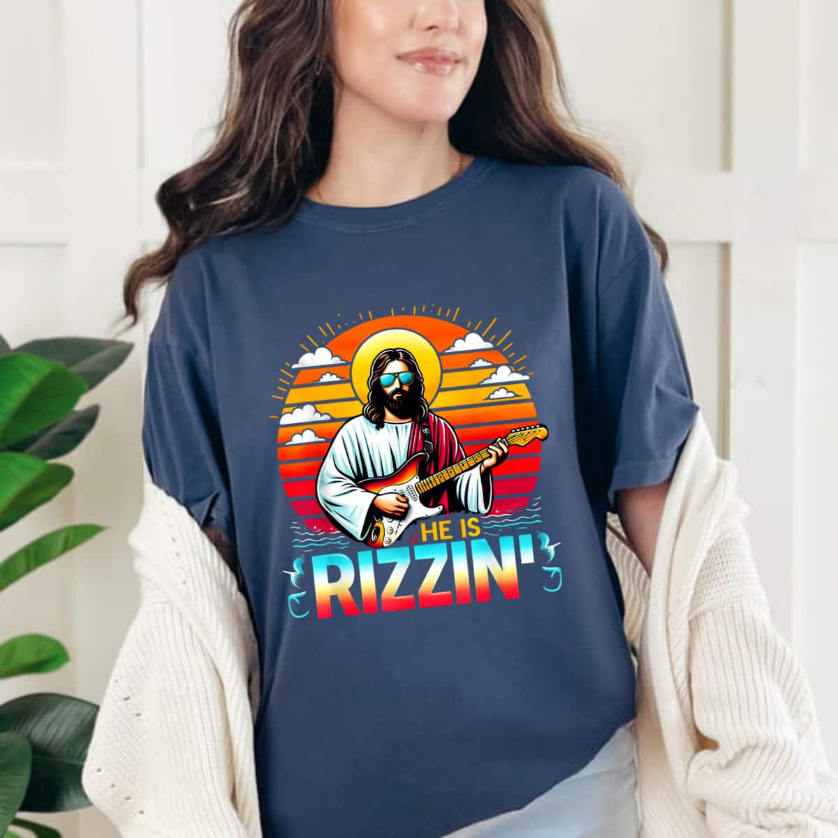 He Is Rizzin Easter Christian Jesus Funny Jesus Guitarist T-Shirt