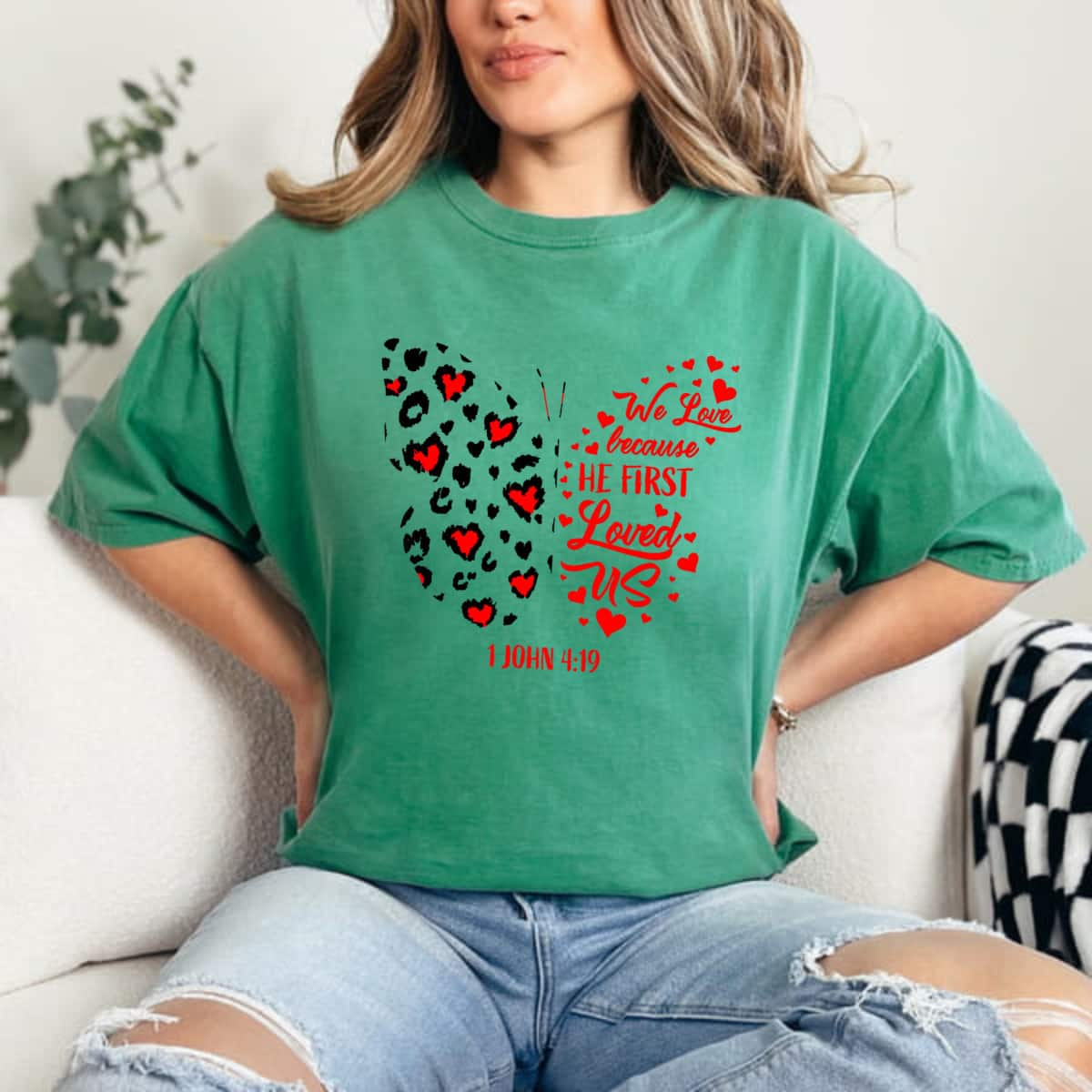 Valentines Day Hearts Cheetah Butterfly We Love Because He First Loved Us T-Shirt