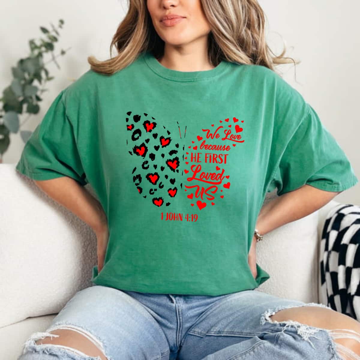 Valentines Day Hearts Cheetah Butterfly We Love Because He First Loved Us T-Shirt Valentines Day Hearts Cheetah Butterfly We Love Because He First Loved Us T-Shirt