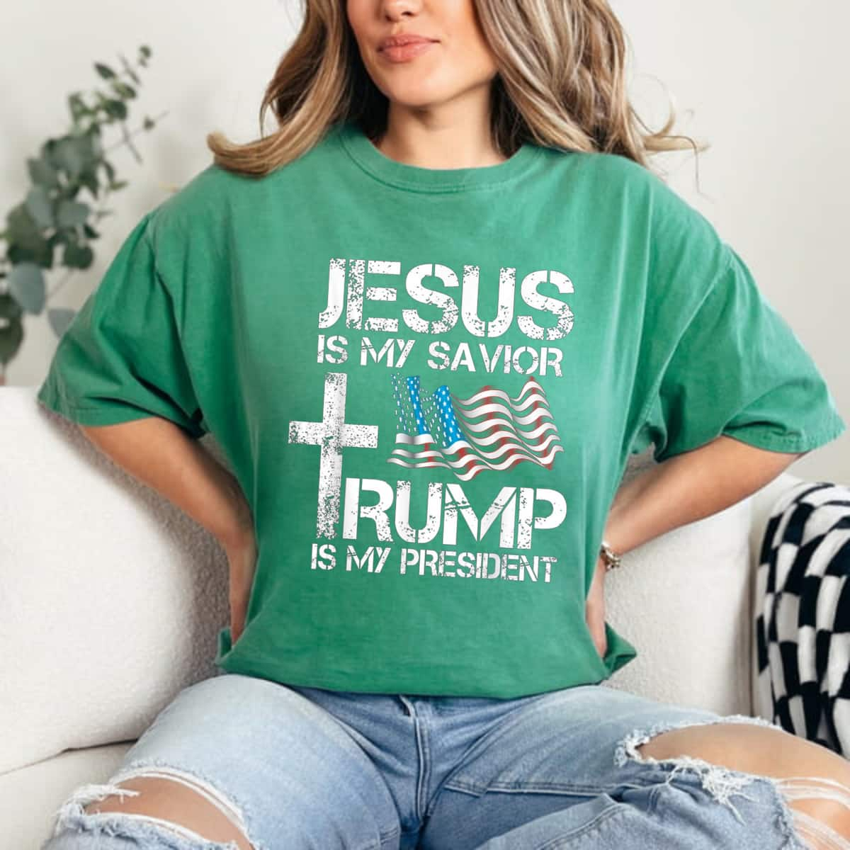 Jesus Is My Savior Trump Is My President Trump 2024 USA Flag Cross T-Shirt