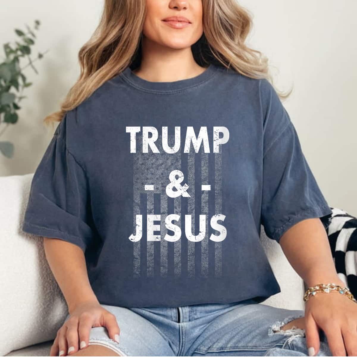 Trump And Jesus Distressed American Flag Political T-Shirt Trump And Jesus Distressed American Flag Political T-Shirt