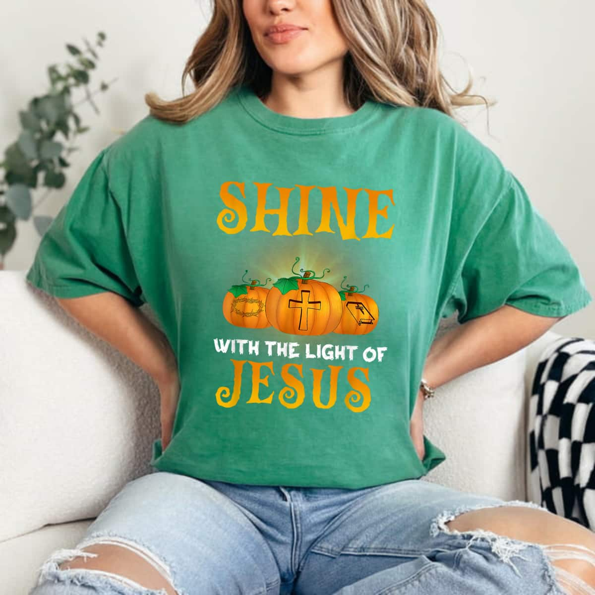 Shine With The Light Of Jesus Christian Halloween T-Shirt Pumpkin Gift