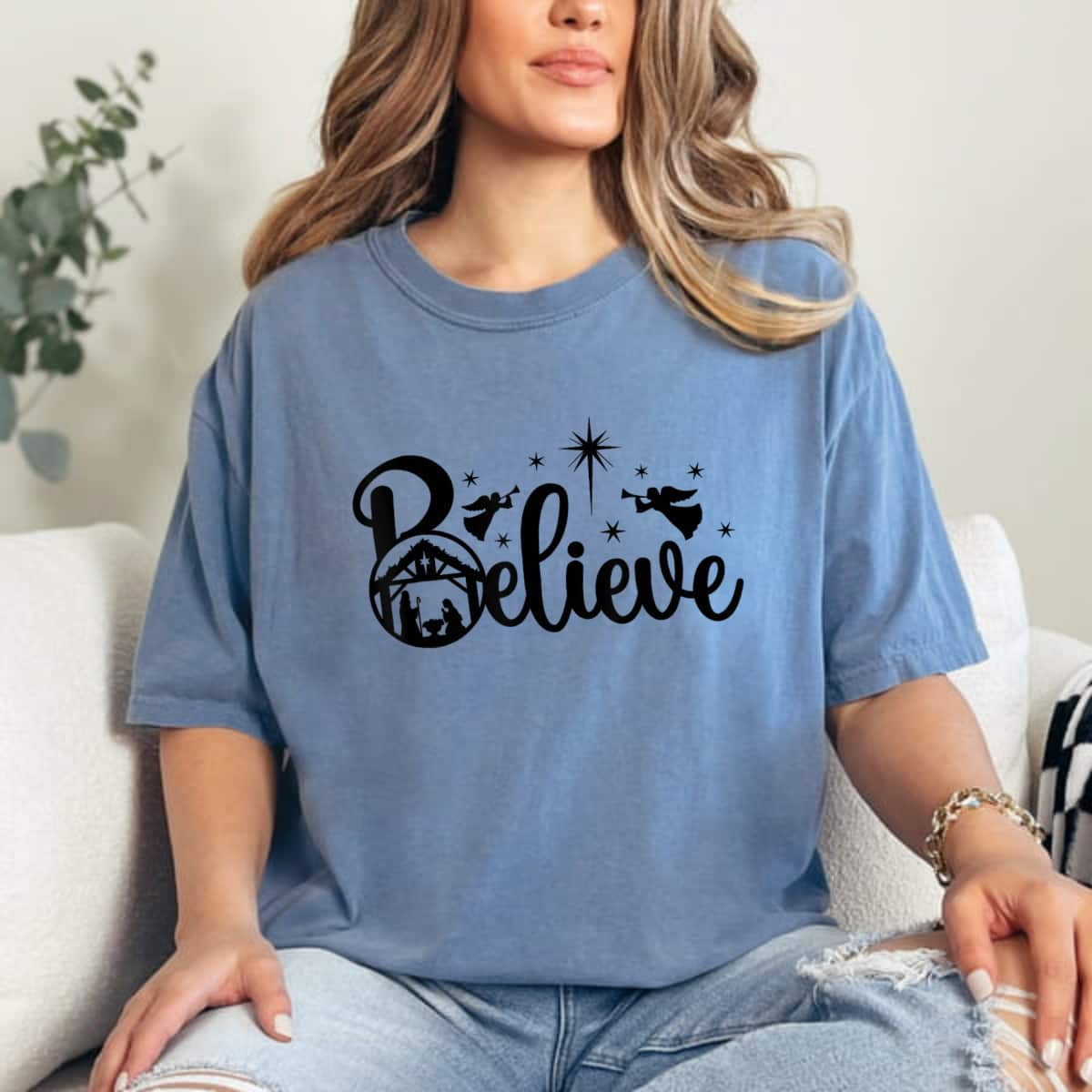 Believe Jesus Christian Christmas Nativity Scene Xmas Faith T-Shirt