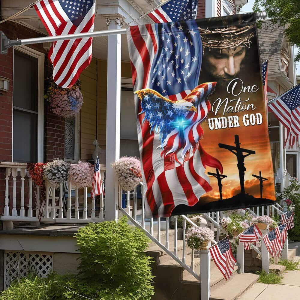 Happy 4th Of July One Nation Under God Jesus Christian American Patriotic Eagle Religious Garden Flag