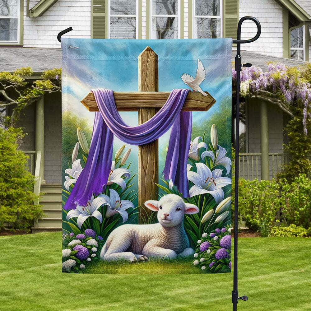 Easter Day Lamb Purple Cloth On Cross Religious Garden Flag