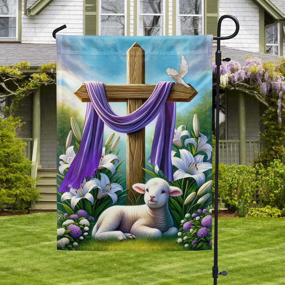 Easter Day Lamb Purple Cloth On Cross Religious Garden Flag Easter Day Lamb Purple Cloth On Cross Religious Garden Flag