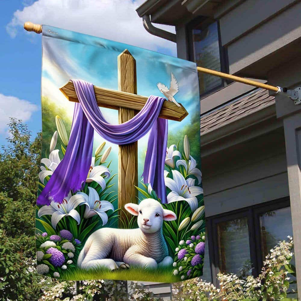 Easter Day Lamb Purple Cloth On Cross Religious Garden Flag Easter Day Lamb Purple Cloth On Cross Religious Garden Flag
