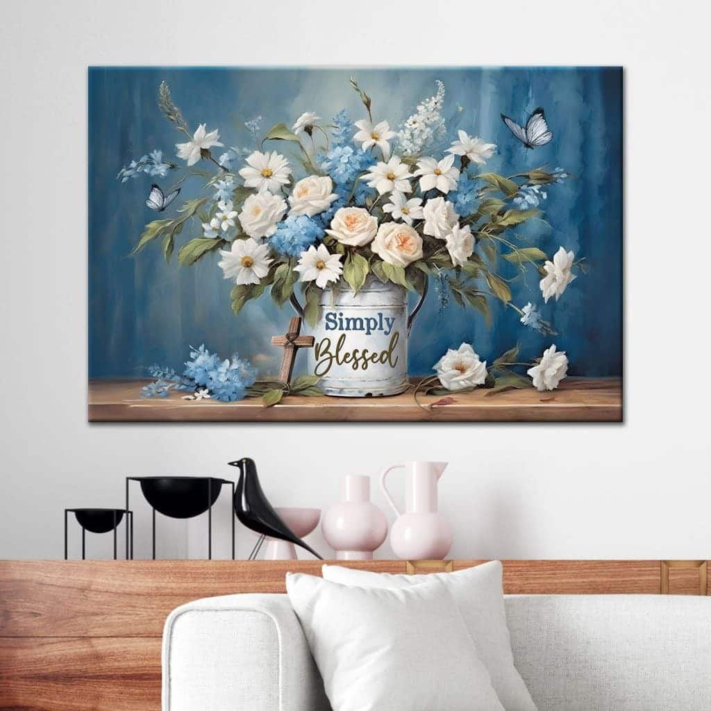 Simply Blessed Flowers And Butterflies Christian Canvas Wall Art