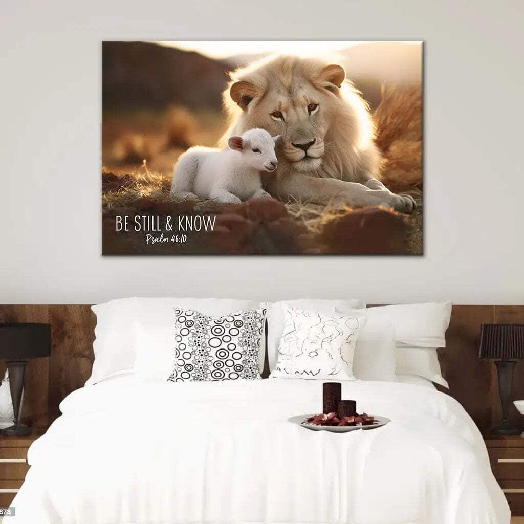 Lion And Lamb Be Still And Know Psalm 4610 Canvas Wall Art