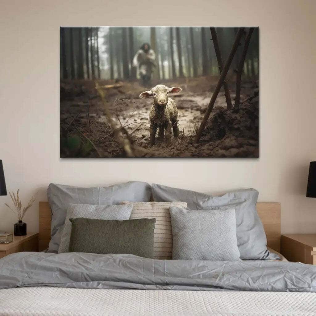 Jesus Running After A Lost Lamb Jesus And Lamb Canvas Wall Art