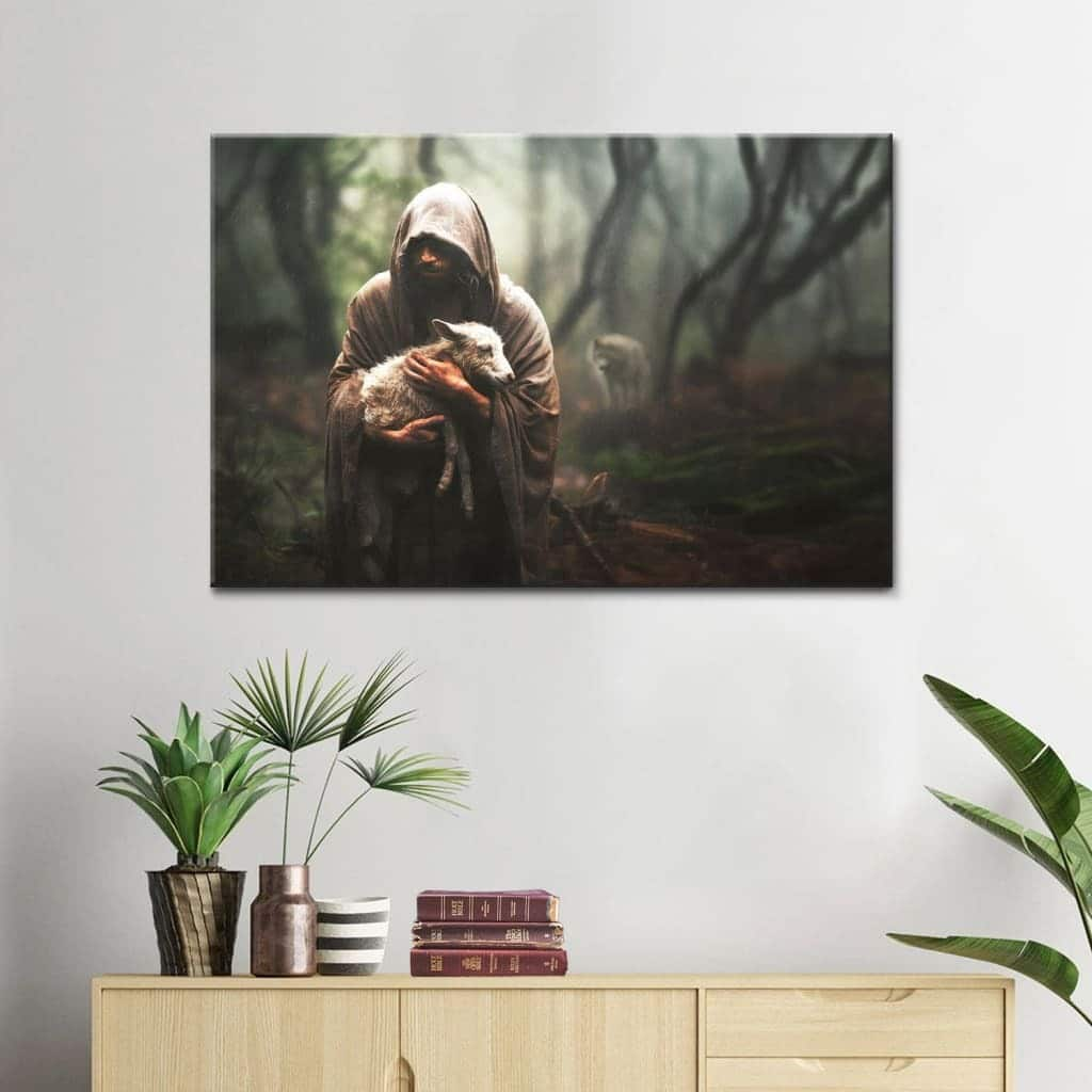 Jesus Carrying Lost Sheep Christian Faith Canvas Wall Art